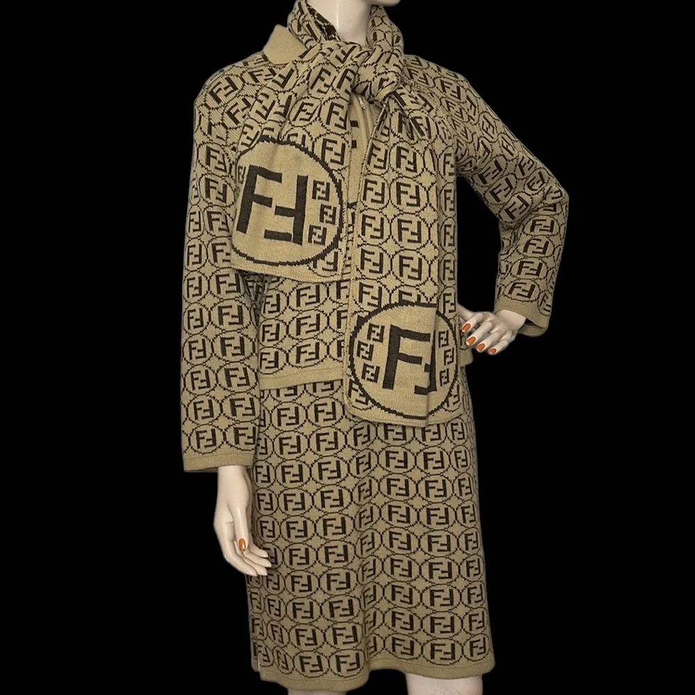 3 Piece Fendi Zucca Print  Dress, Cardigan and Scarf Set